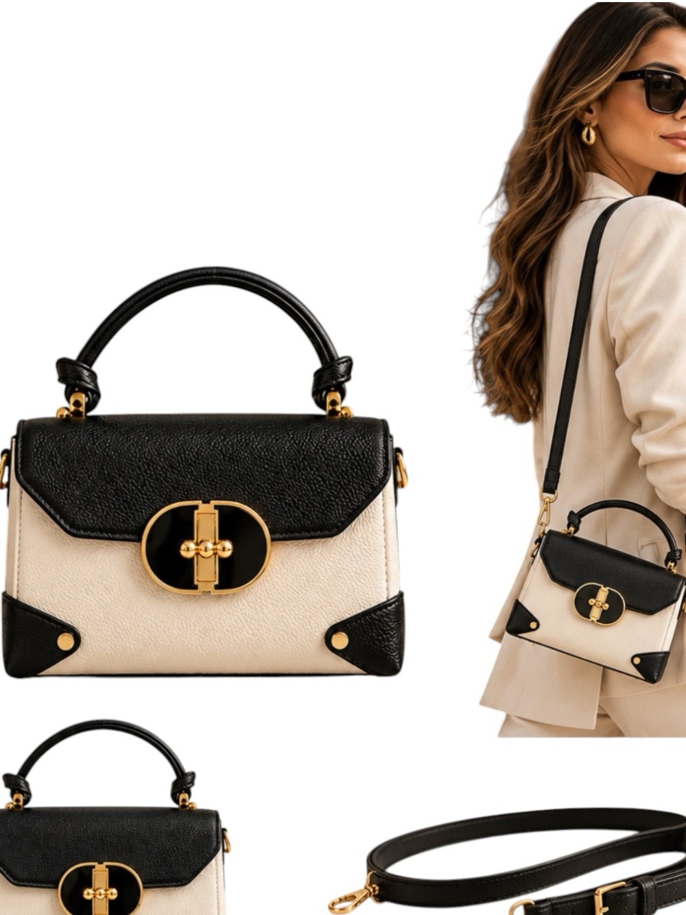 Wendy Keen Black Cream Vegan Leather Top Handle Satchel Crossbody NWT
